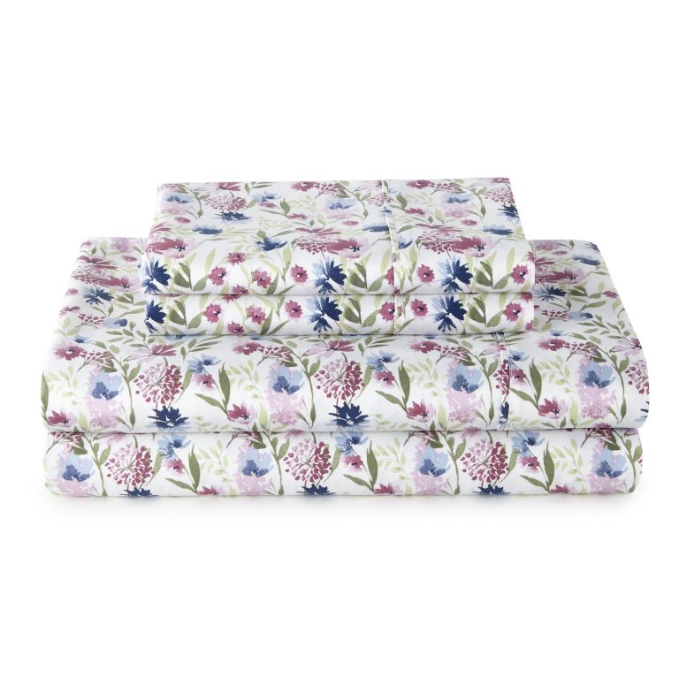 4-Piece 300 Thread Count Bashful Blooms Cool Cotton Sateen Bed Sheet Set, Queen